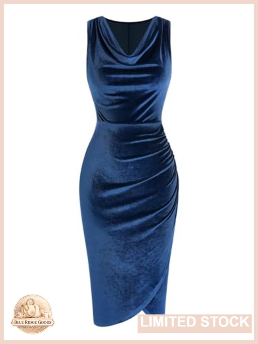 Velvet Cowl Neck Ruched Bodycon Midi Cocktail Dress Semi Formal